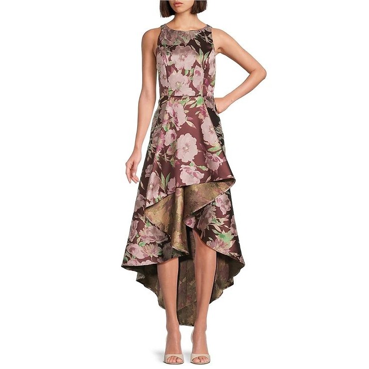 Adrianna Papell High Low Gown Size 14 Burgundy Floral Metallic Brocade Dress Nwt